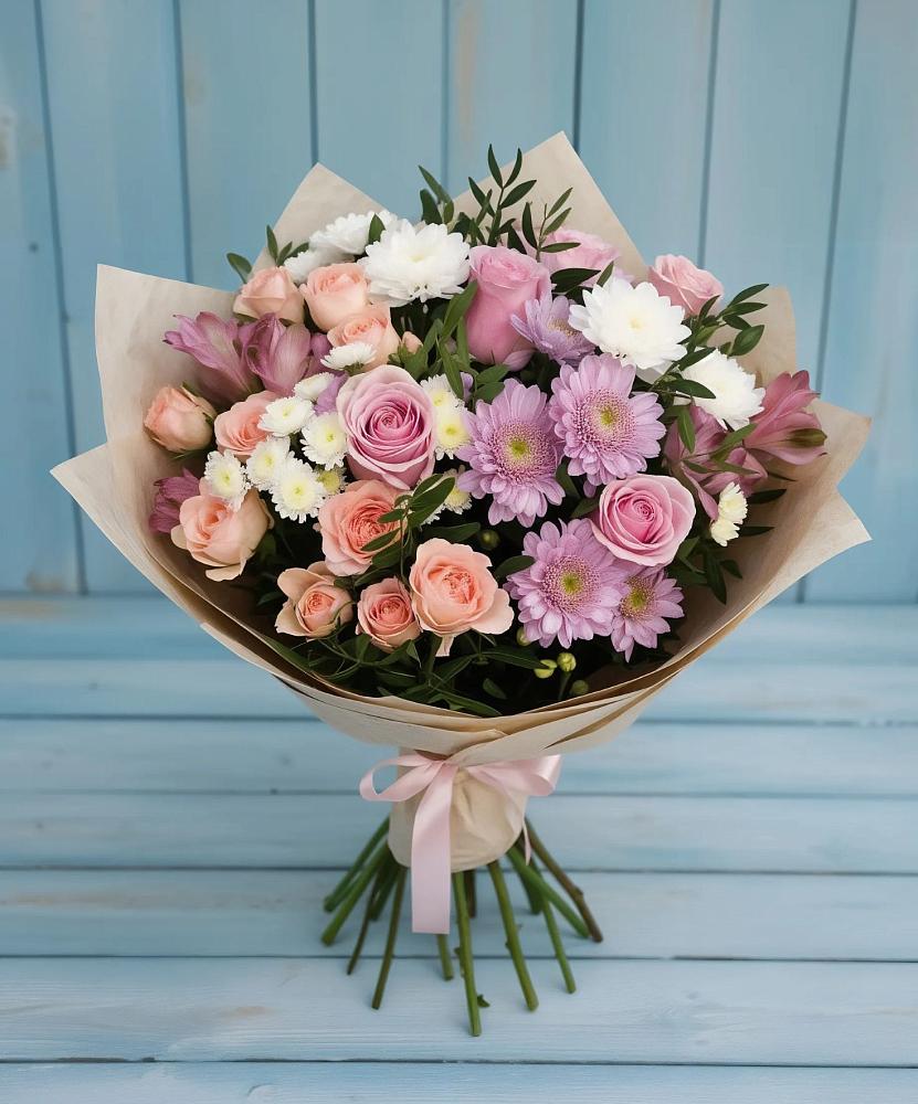 Букет цветов из: Хризантемы, Розы и Альстромерии в Закаменске